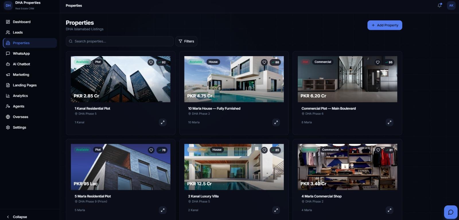 Properties — listing cards with price, type, and location.